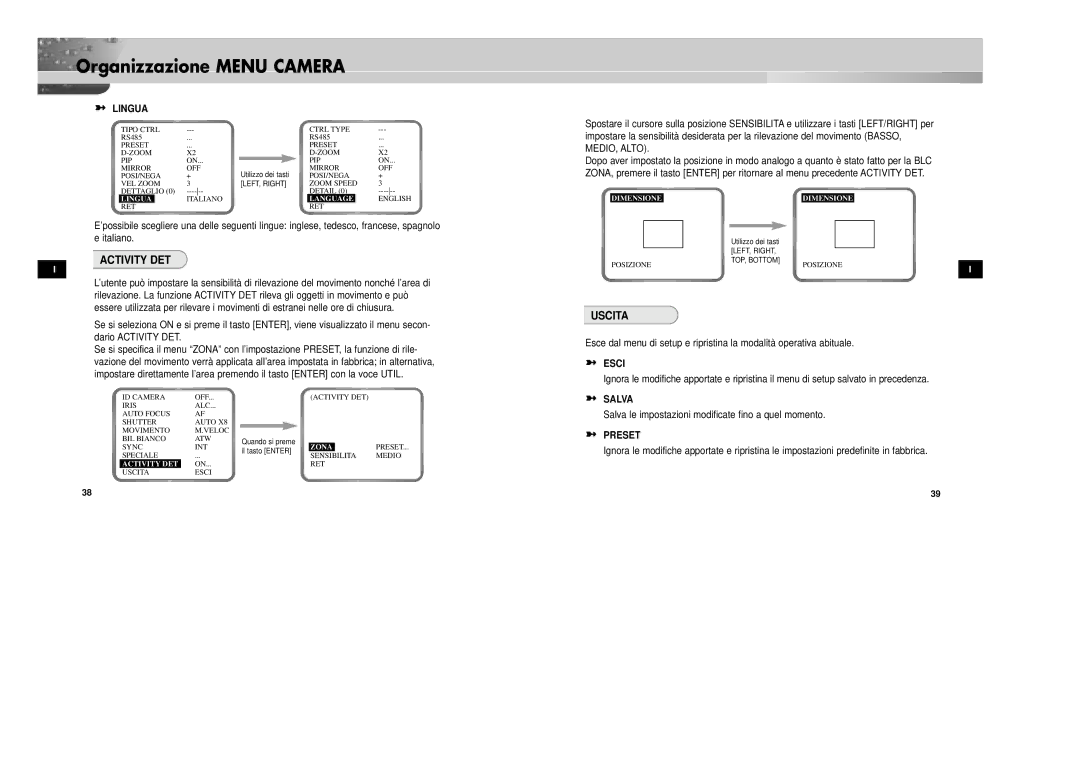 Samsung SCC-931TP/XEG, SCC-931TN manual Activity DET, Uscita, Lingua, Esci, Salva 