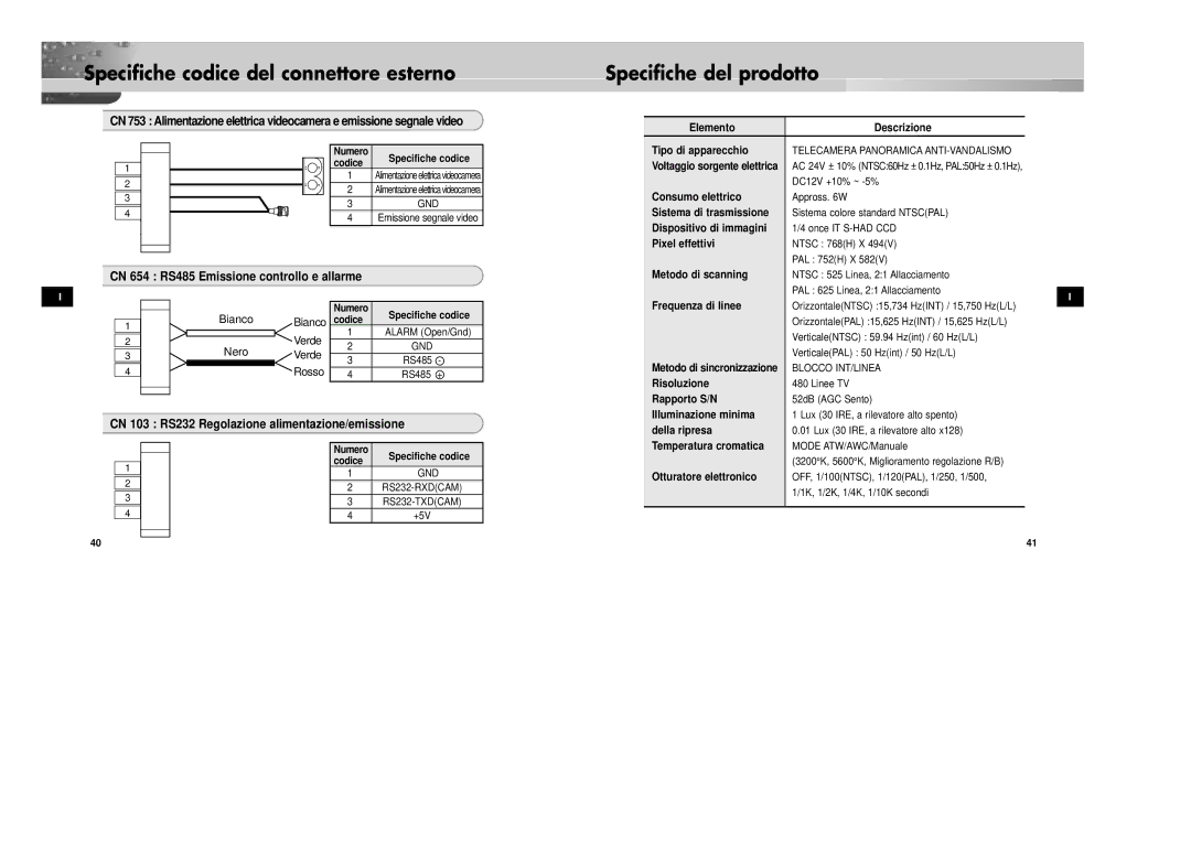 Samsung SCC-931TP/XEG, SCC-931TN manual Specifiche codice del connettore esterno, Specifiche del prodotto 