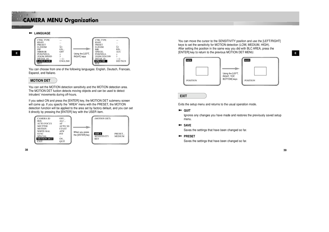 Samsung SCC-931TN, SCC-931TP/XEG manual Motion DET, Exit, Language, Quit, Save 