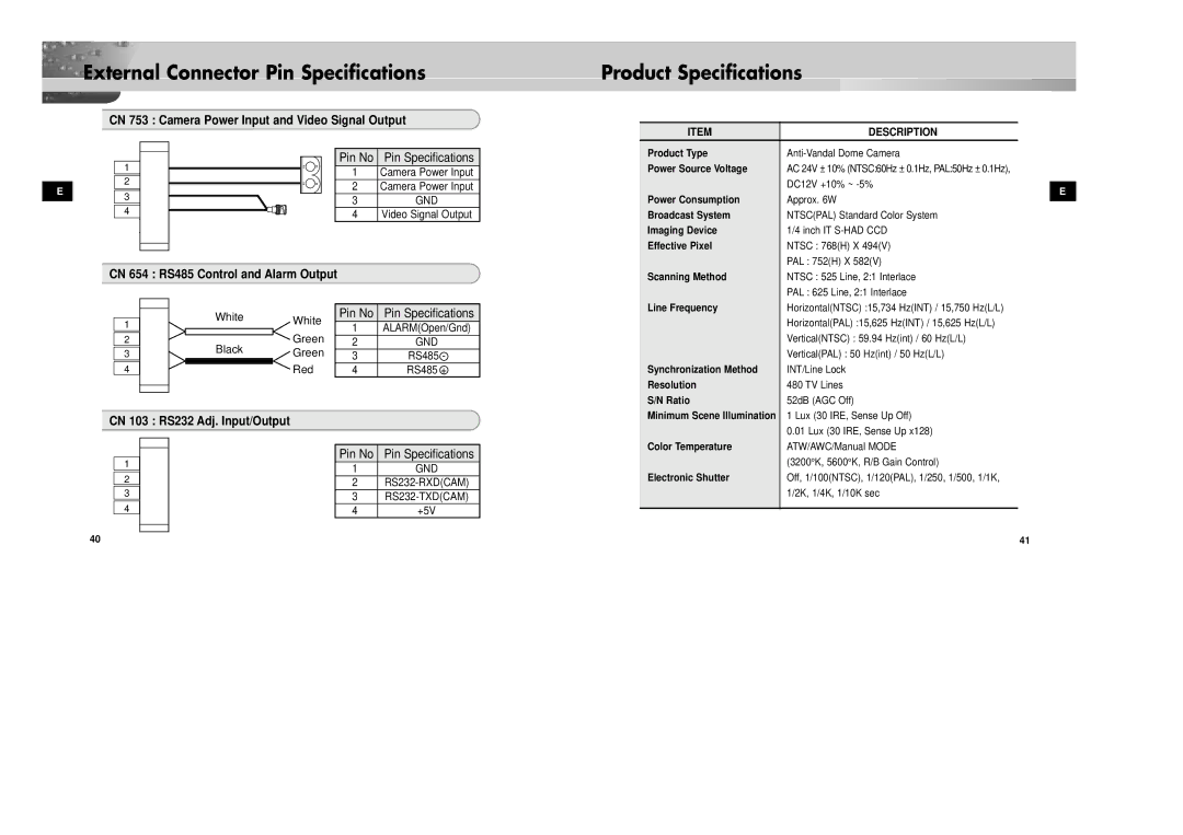 Samsung SCC-931TP External Connector Pin Specifications, Product Specifications, CN 654 RS485 Control and Alarm Output 