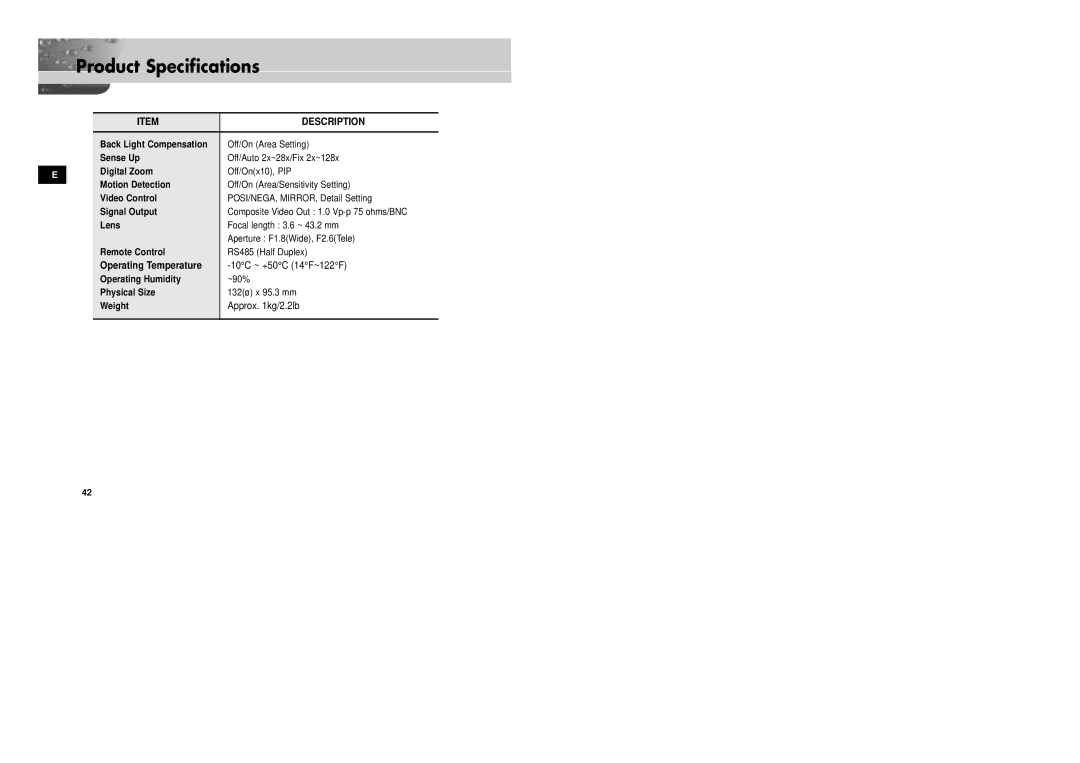 Samsung SCC-931TP/XEG, SCC-931TN manual Operating Temperature, 10C ~ +50C 14F~122F, Approx kg/2.2lb 