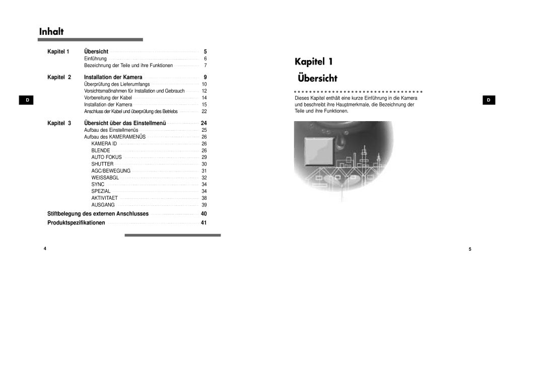 Samsung SCC-931TP/XEG, SCC-931TN manual Inhalt, Kapitel Installation der Kamera, Kapitel Übersicht über das Einstellmenü 