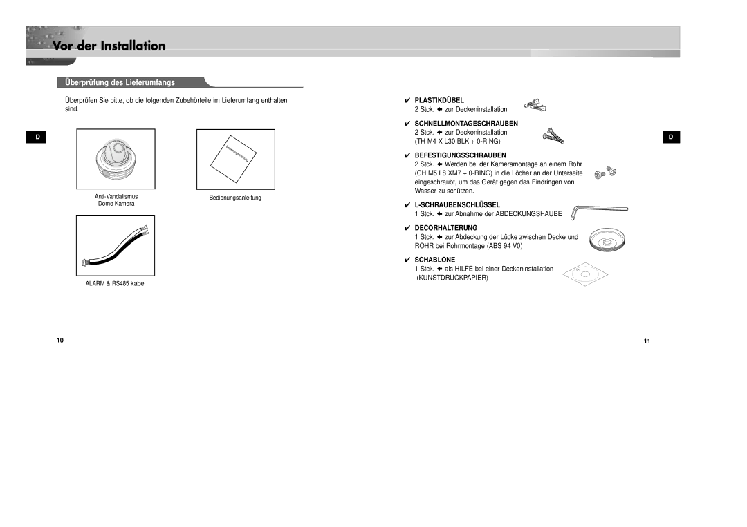 Samsung SCC-931TP/XEG, SCC-931TN manual Vor der Installation, Überprüfung des Lieferumfangs 