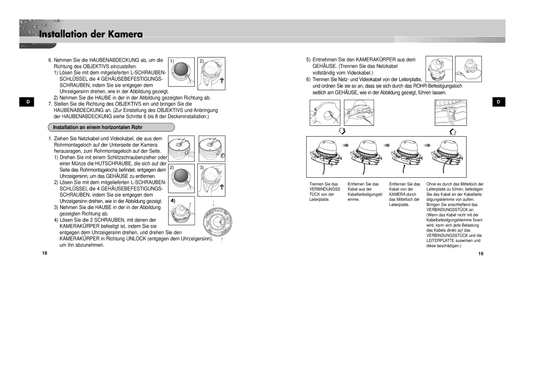 Samsung SCC-931TN, SCC-931TP/XEG manual Installation an einem horizontalen Rohr, Entnehmen Sie den Kamerakürper aus dem 