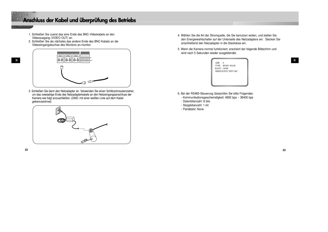 Samsung SCC-931TP/XEG, SCC-931TN manual Anschluss der Kabel und überprüfung des Betriebs 