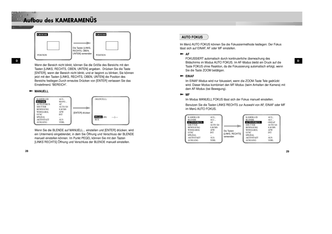 Samsung SCC-931TP/XEG, SCC-931TN manual Auto Fokus, Manuell, Einaf 