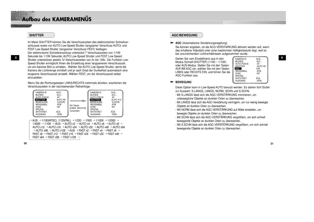 Samsung SCC-931TN, SCC-931TP/XEG manual Agc/Bewegung, AGC Automatische Verstärkungsregelung, Einzustellen 