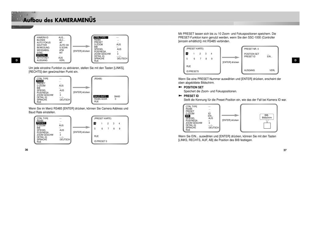 Samsung SCC-931TN, SCC-931TP/XEG manual Speichert die Zoom- und Fokuspositionen, Ctrl Type 