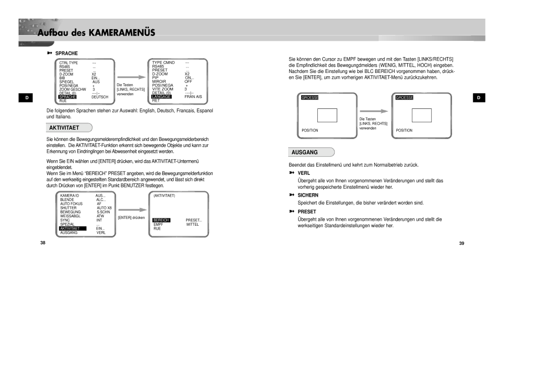 Samsung SCC-931TP/XEG, SCC-931TN manual Aktivitaet, Ausgang, Sprache, Verl, Sichern 