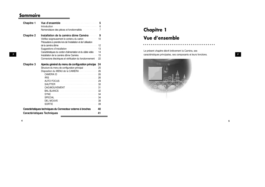 Samsung SCC-931TN, SCC-931TP manual Sommaire, Chapitre Vue d’ensemble, Chapitre Installation de la caméra dôme Caméra 