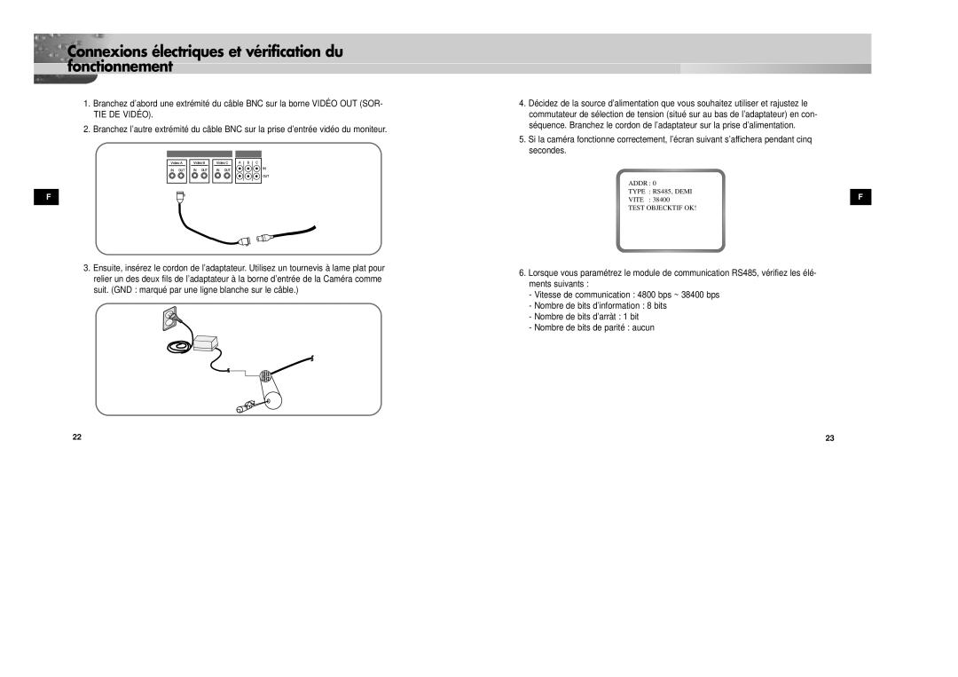 Samsung SCC-931TN, SCC-931TP/XEG manual Connexions électriques et vérification du fonctionnement 