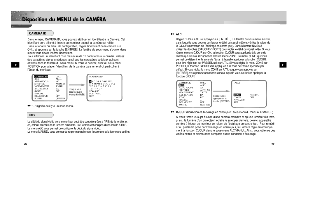 Samsung SCC-931TP/XEG, SCC-931TN manual Disposition du Menu de la Caméra, Signifie qu’il y a un sous-menu, Zone 