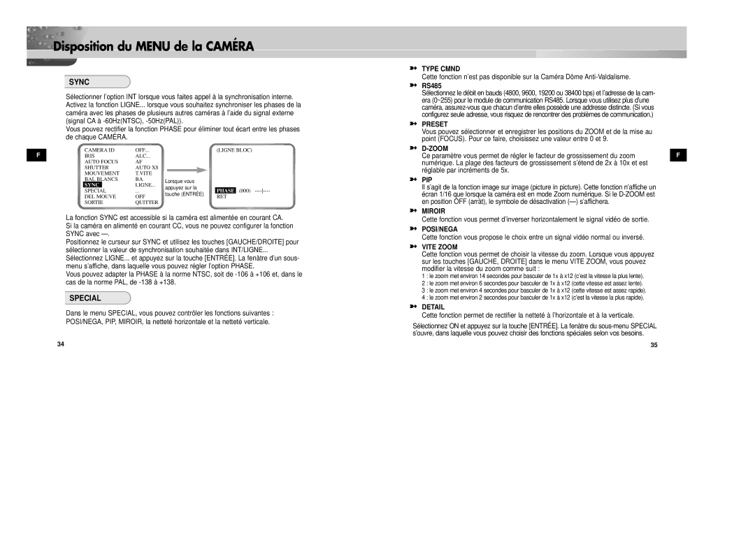 Samsung SCC-931TN, SCC-931TP/XEG manual Type Cmnd, Miroir, Vite Zoom 