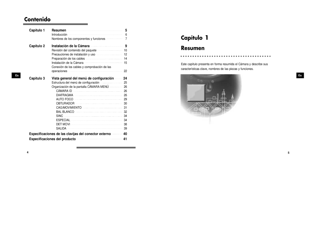 Samsung SCC-931TP/XEG, SCC-931TN manual Contenido, Capítulo Resumen, Capítulo Instalación de la Cámara 