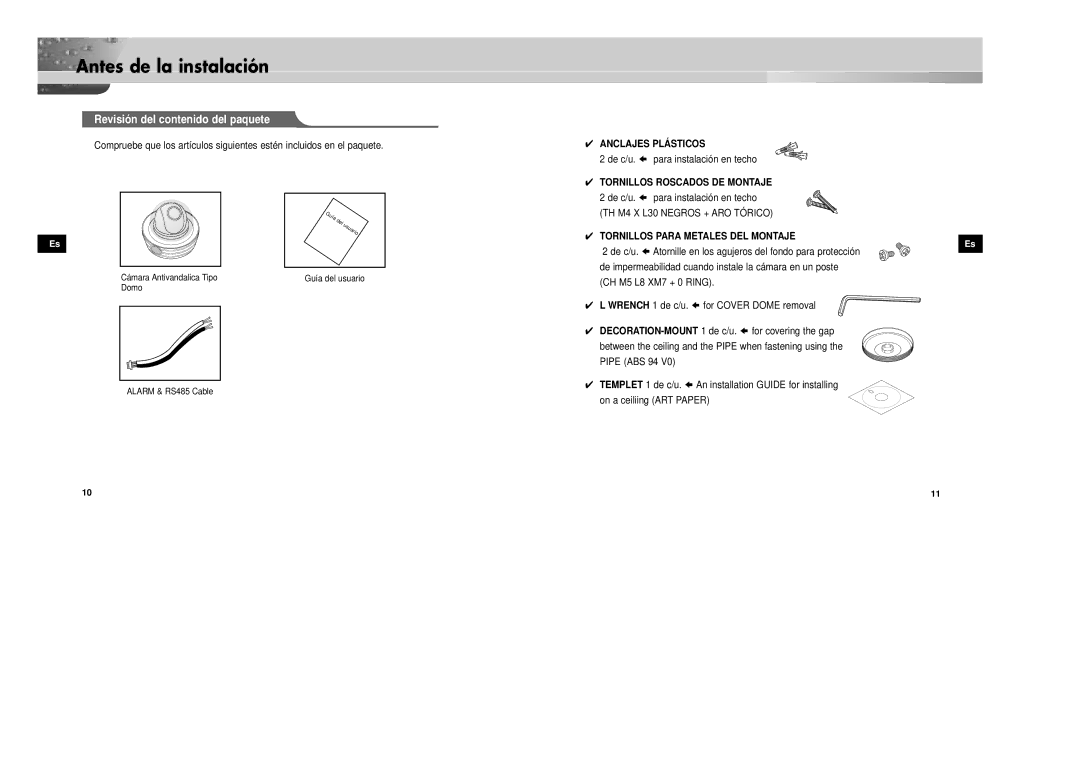 Samsung SCC-931TP/XEG, SCC-931TN manual Antes de la instalación, Revisión del contenido del paquete, Anclajes Plásticos 