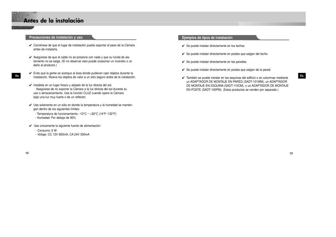 Samsung SCC-931TP/XEG, SCC-931TN manual Precauciones de instalación y uso, Ejemplos de tipos de instalación 