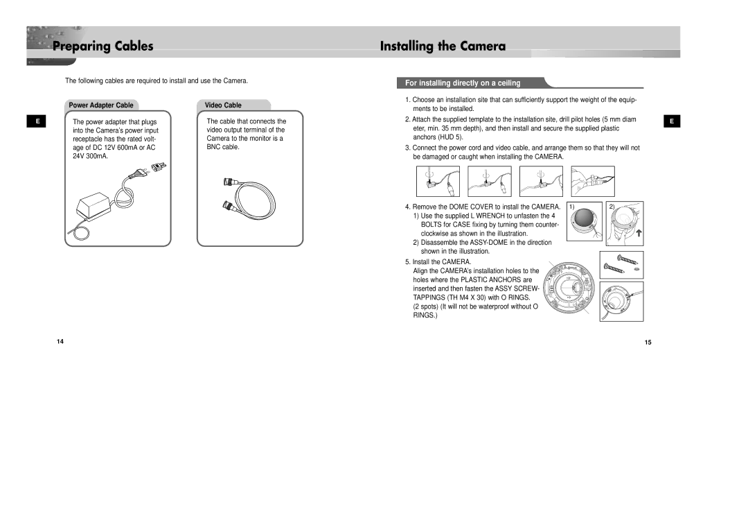 Samsung SCC-931TN, SCC-931TP manual Preparing Cables, For installing directly on a ceiling, Power Adapter Cable, Video Cable 