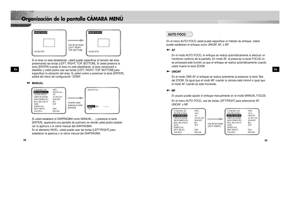 Samsung SCC-931TP/XEG, SCC-931TN manual Auto Foco, Manual, Unoaf 