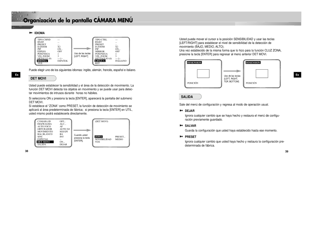 Samsung SCC-931TN, SCC-931TP/XEG manual DET Movi, Salida, Idioma, Dejar, Salvar 