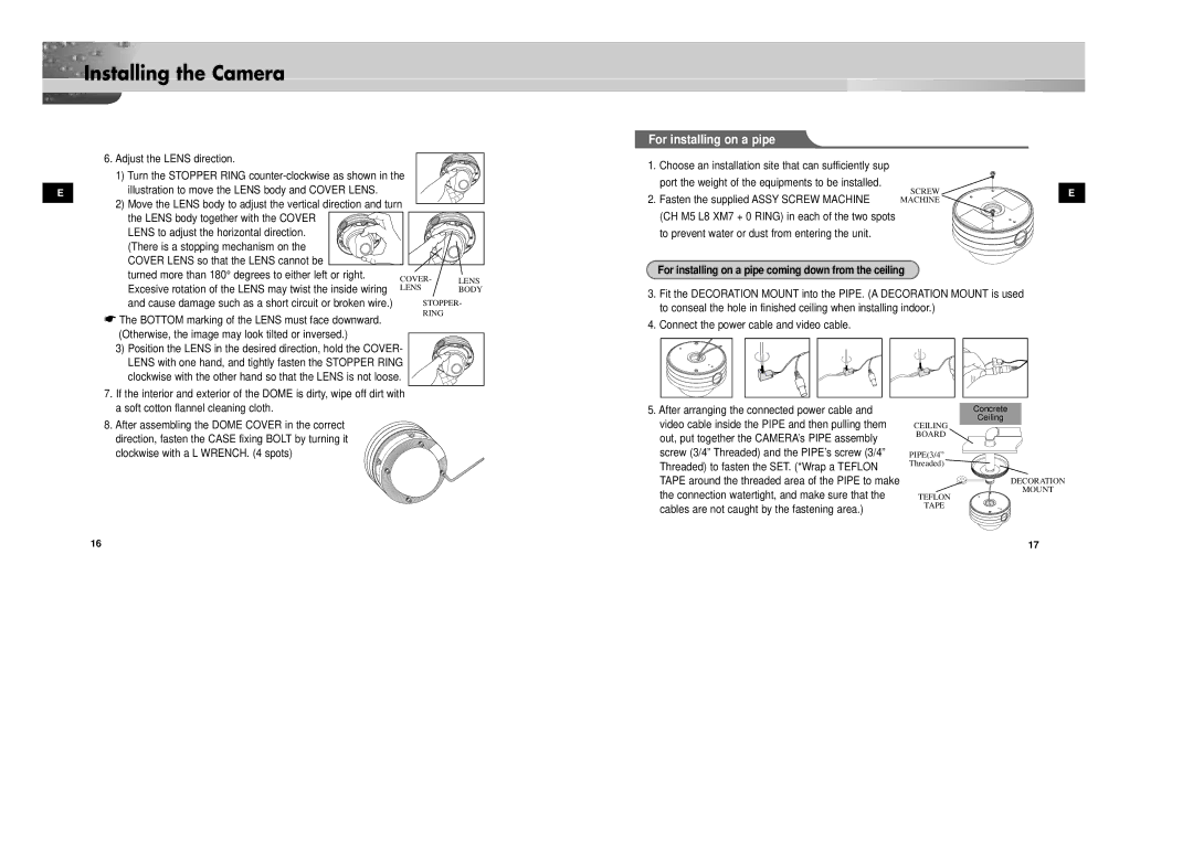 Samsung SCC-931TP/XEG, SCC-931TN manual For installing on a pipe, Fasten the supplied Assy Screw Machine 