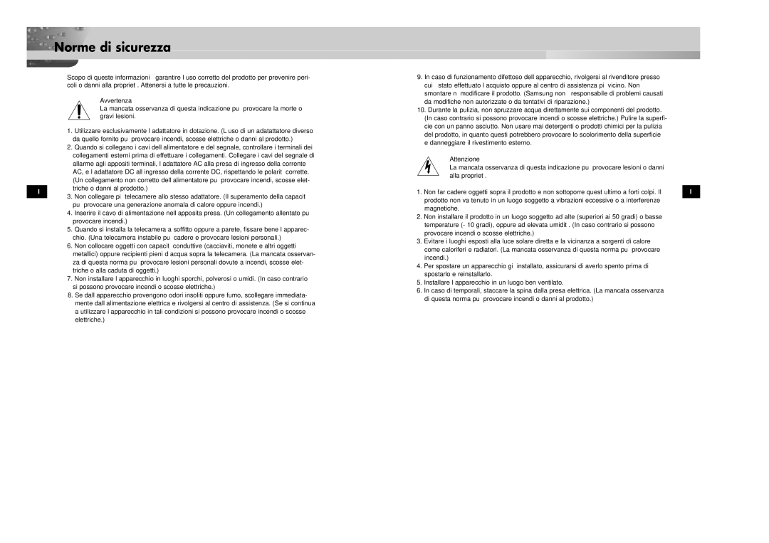 Samsung SCC-931TP/XEG, SCC-931TN manual Norme di sicurezza, Avvertenza 