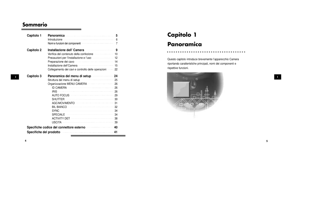 Samsung SCC-931TP/XEG, SCC-931TN manual Sommario, Capitolo Panoramica, Capitolo Installazione dell’ Camera 