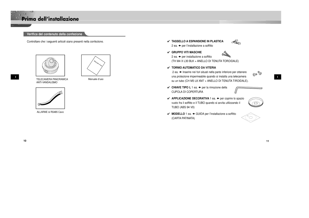 Samsung SCC-931TP/XEG Prima dell’installazione, Verifica del contenuto della confezione, Tassello a Espansione in Plastica 