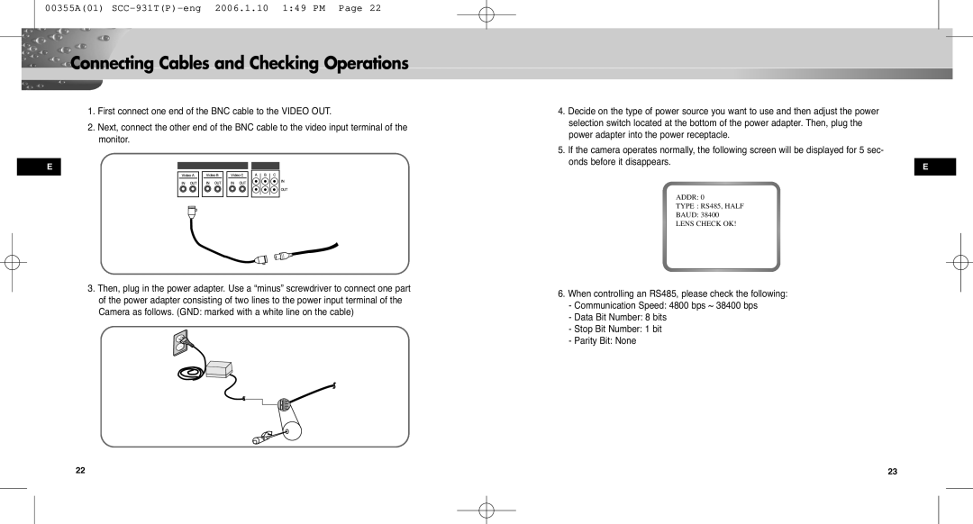 Samsung SCC-931TP user manual Connecting Cables and Checking Operations 