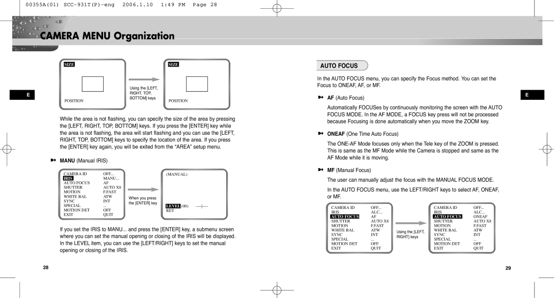 Samsung SCC-931TP user manual Auto Focus, Manu Manual Iris, Size, Level 