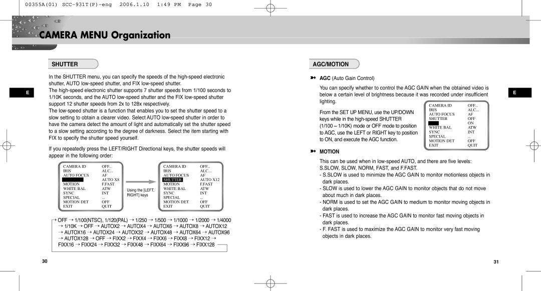 Samsung SCC-931TP user manual Shutter, Agc/Motion 