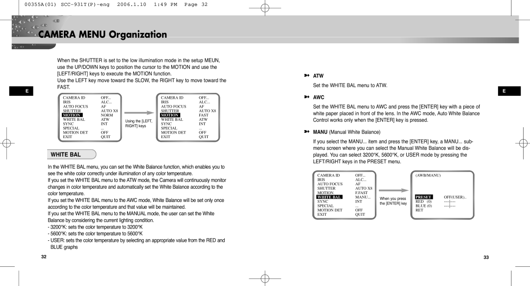 Samsung SCC-931TP user manual Atw, Set the White BAL menu to ATW, Awc, Manu Manual White Balance 