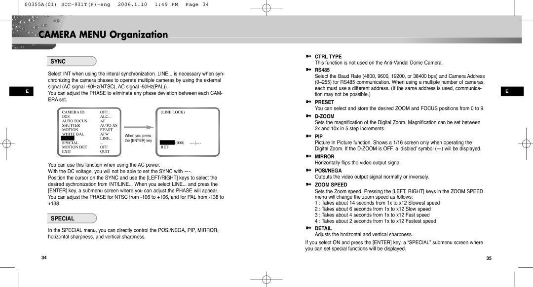 Samsung SCC-931TP user manual Sync, Special 