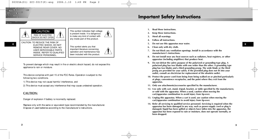 Samsung SCC-931TP user manual Important Safety Instructions, Risk of Electric Shock do not Open 