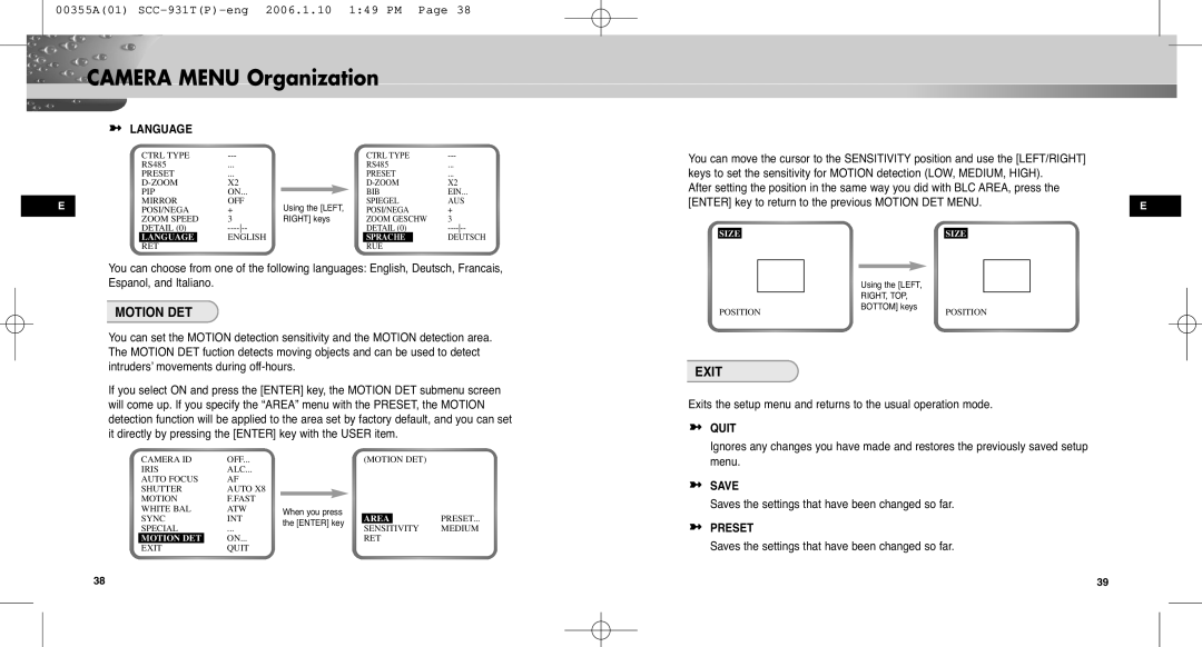 Samsung SCC-931TP user manual Motion DET, Exit, Language, Quit, Save 