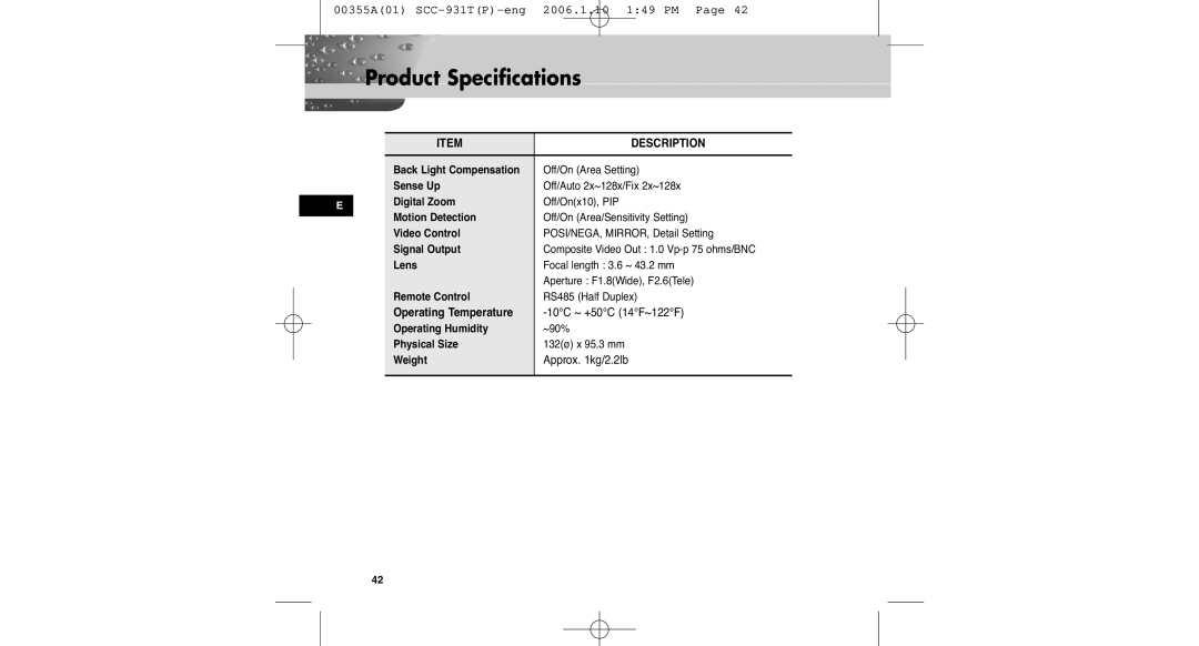 Samsung SCC-931TP user manual 10C ~ +50C 14F~122F, Approx kg/2.2lb 