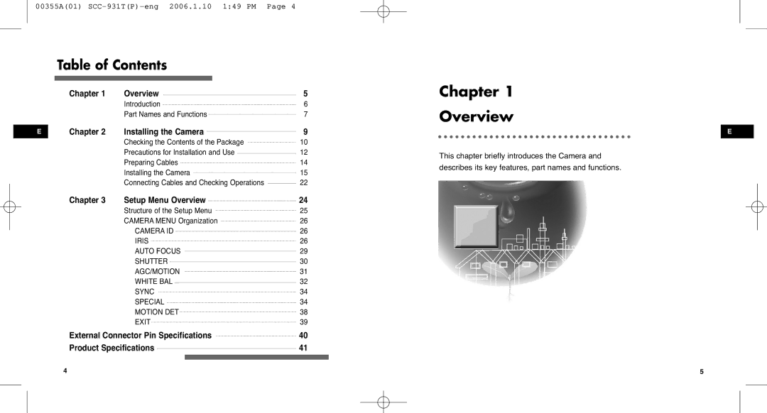 Samsung SCC-931TP user manual Chapter Overview, Table of Contents 