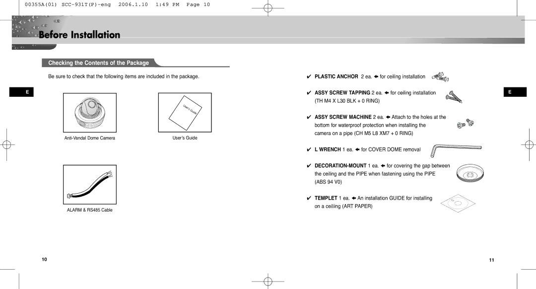 Samsung SCC-931TP user manual Before Installation, Checking the Contents of the Package 