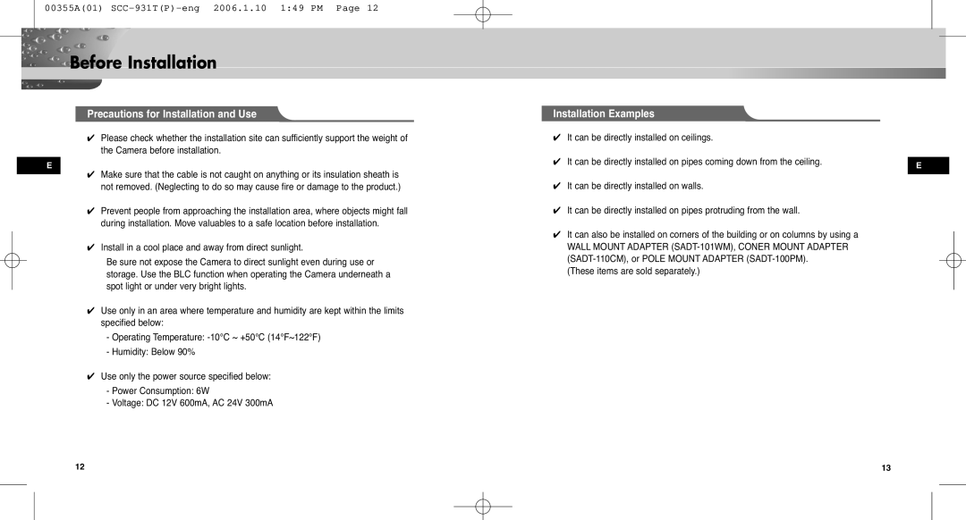 Samsung SCC-931TP Precautions for Installation and Use, Installation Examples, It can be directly installed on ceilings 