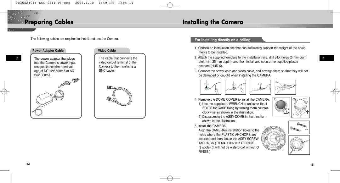 Samsung SCC-931TP Preparing Cables Installing the Camera, For installing directly on a ceiling, Power Adapter Cable 