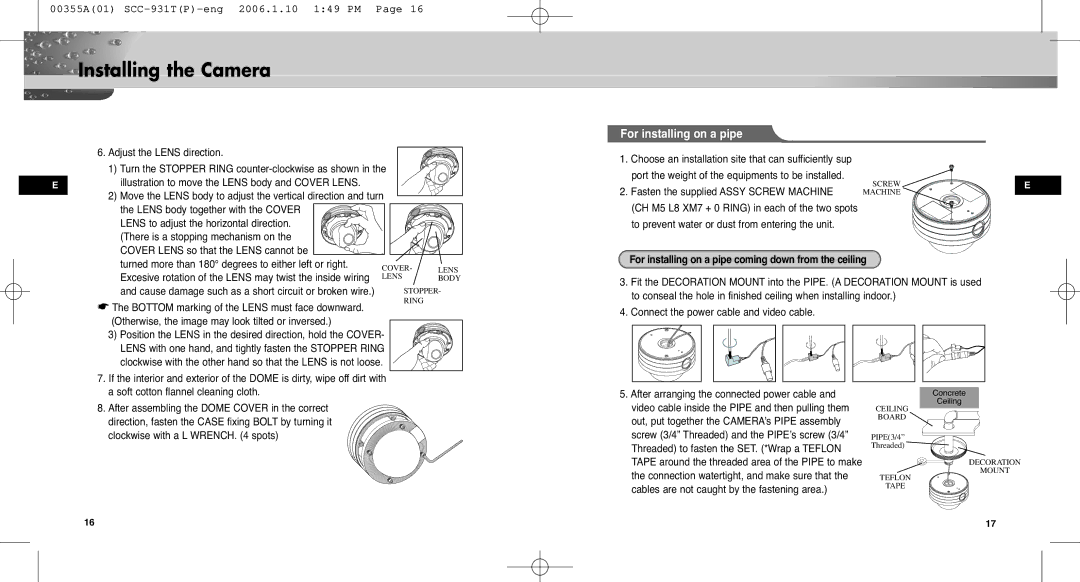 Samsung SCC-931TP user manual For installing on a pipe, Fasten the supplied Assy Screw Machine 