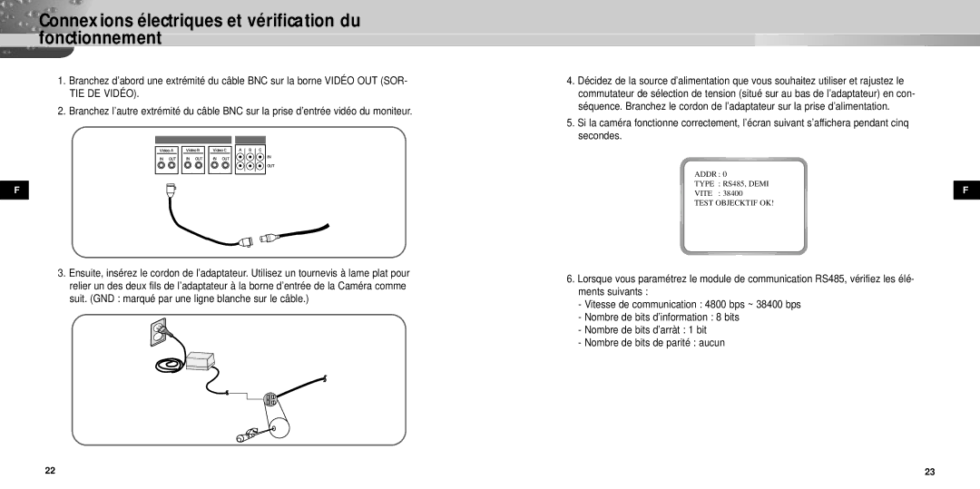 Samsung SCC-931TP manual Connexions électriques et vérification du fonctionnement 