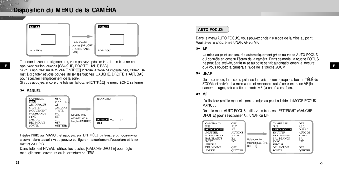 Samsung SCC-931TP manual Auto Focus, Manuel, Unaf 