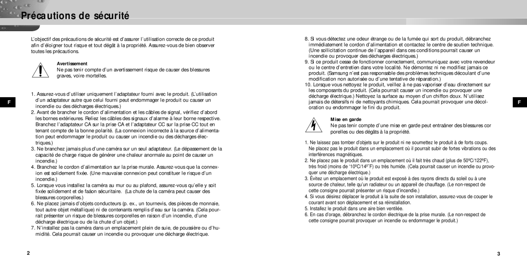 Samsung SCC-931TP manual Précautions de sécurité, Avertissement 