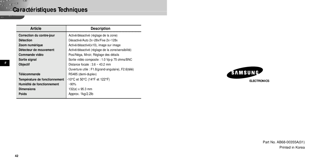 Samsung SCC-931TP manual 10C et 50C 14F et 122F, Approx kg/2.2lb 