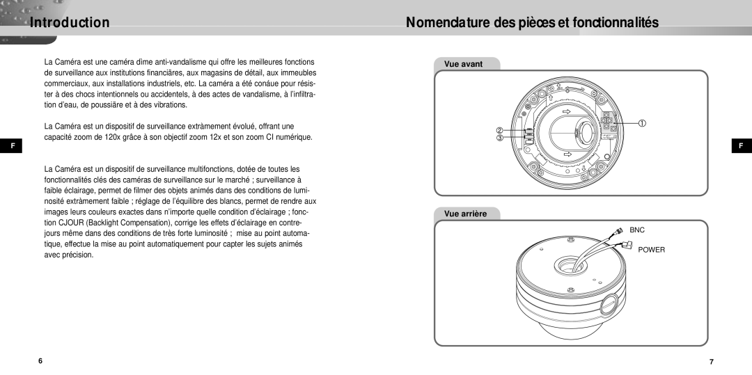 Samsung SCC-931TP manual Introduction, Nomenclature des pièces et fonctionnalités, Vue avant Vue arrière 