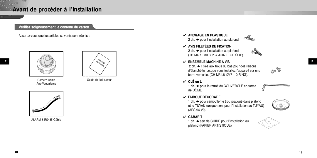 Samsung SCC-931TP manual Avant de procéder à l’installation, Vérifiez soigneusement le contenu du carton 