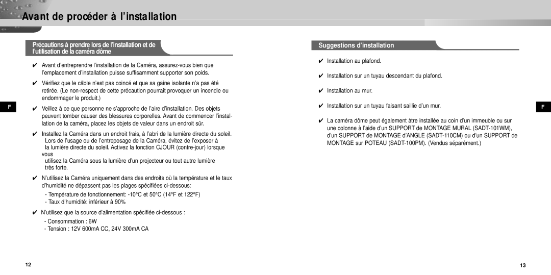 Samsung SCC-931TP manual Suggestions d’installation, Installation sur un tuyau faisant saillie d’un mur 