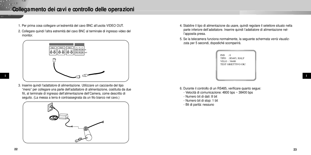 Samsung SCC-931TP manual Collegamento dei cavi e controllo delle operazioni 