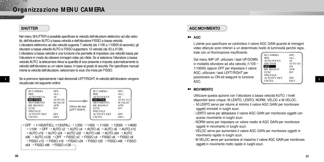 Samsung SCC-931TP manual Shutter, Agc/Movimento 