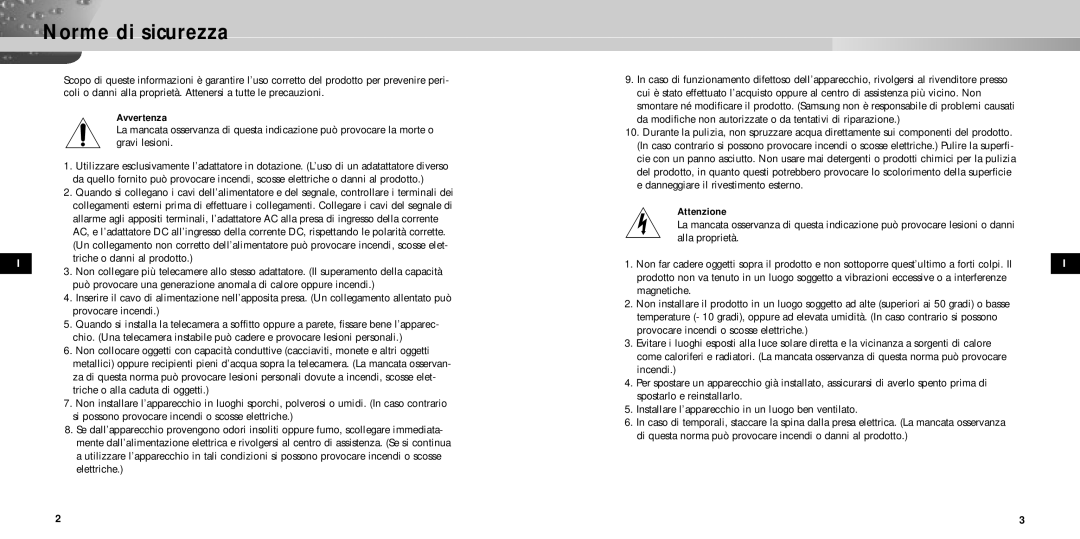 Samsung SCC-931TP manual Norme di sicurezza, Avvertenza 